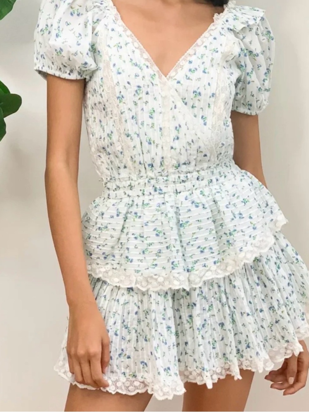 LoveShackFancy White Mini Dress with Blue & Green Floral Print